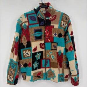 90s Vintage Cabin Creek Artsy Leaf Print Fleece Jacket Cozy Grandmacore Novelty